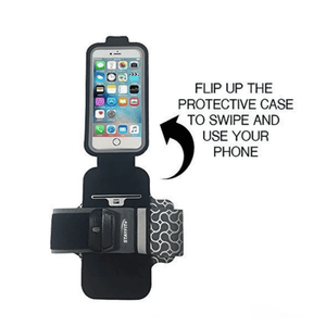 Black armband phone case with a flippable flap with text that says "Flip up the protective case to swipe and use your phone"