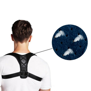 Man wearing a posture corrector with a close up image of the material on the posture corrector blowing out steam